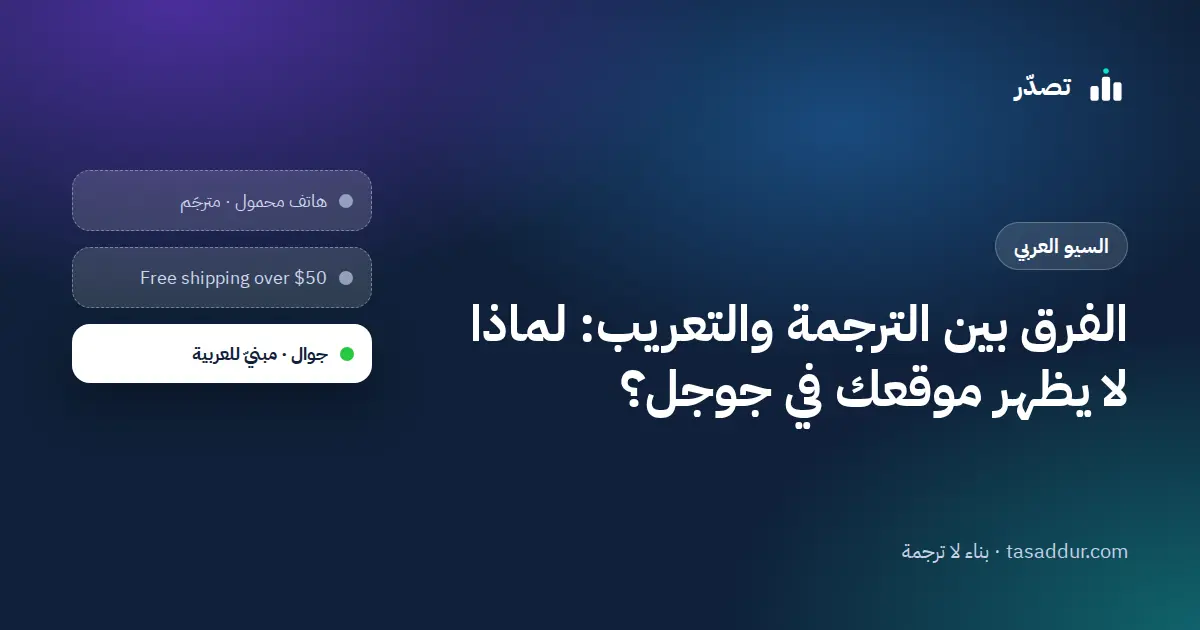 رسم يوضّح الفرق بين الترجمة والتعريب: موقع مترجَم غائب عن البحث مقابل موقع مبنيّ للعربية يظهر في جوجل